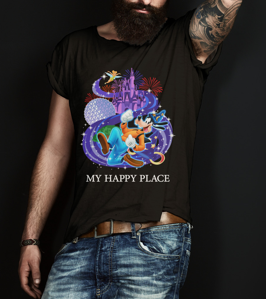 Disney Goofy My Happy Place Magic Kingdom Castle Epcot Fireworks T-Shirt