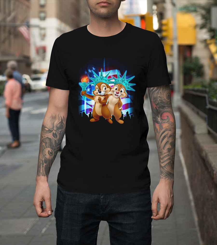 Chip and Dale Fourth of July Statue of Liberty with American Flag Background T-Shirt