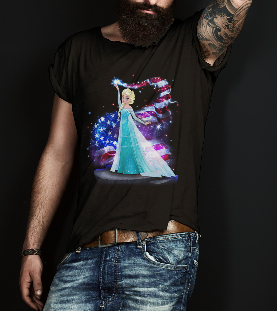 Frozen Elsa Sparkling American Flag Fourth Of July T-Shirt