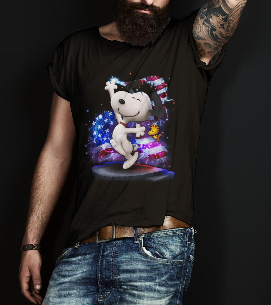 Snoopy Bling July Patriotic Celebration With Woodstock And American Flag T-Shirt