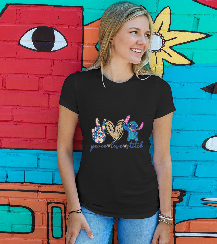 Peace Love Stitch Glittery Heart And Peace Sign T-Shirt