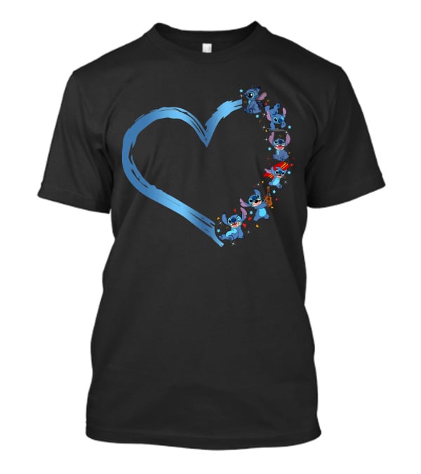 I Love Stitch Heart Shaped Blue Brush Characters T-Shirt