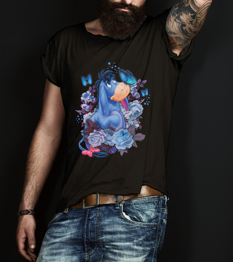Eeyore Surrounded By Blue Flowers And Butterflies T-Shirt