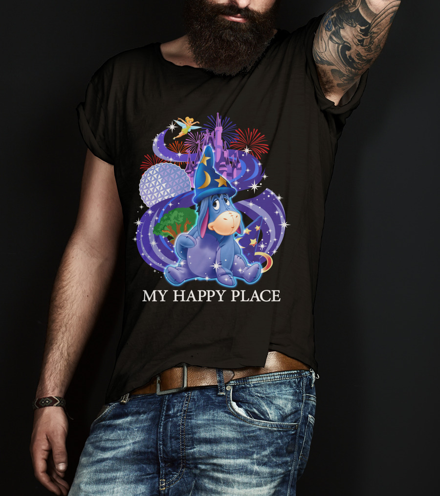 Eeyore My Happy Place Disney Castle Fireworks Spaceship Earth Tinker Bell T-Shirt