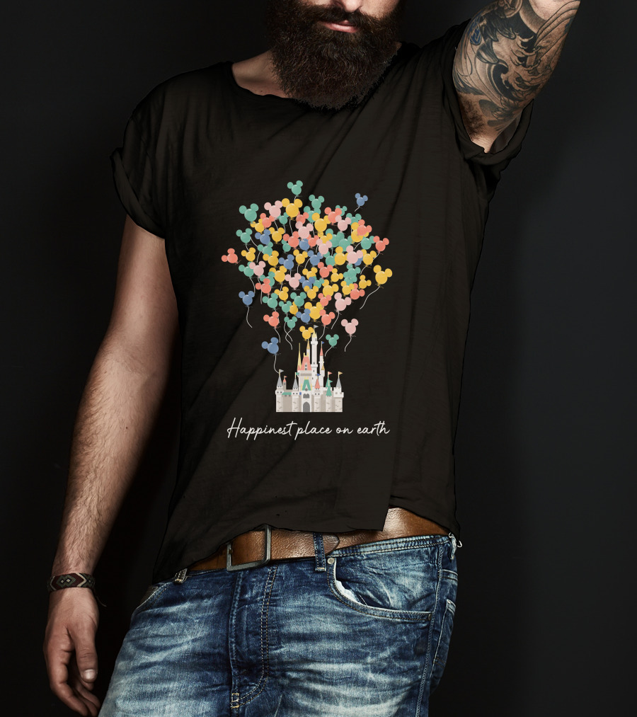 Happiest Place On Earth Disney Castle With Mickey Balloons T-Shirt