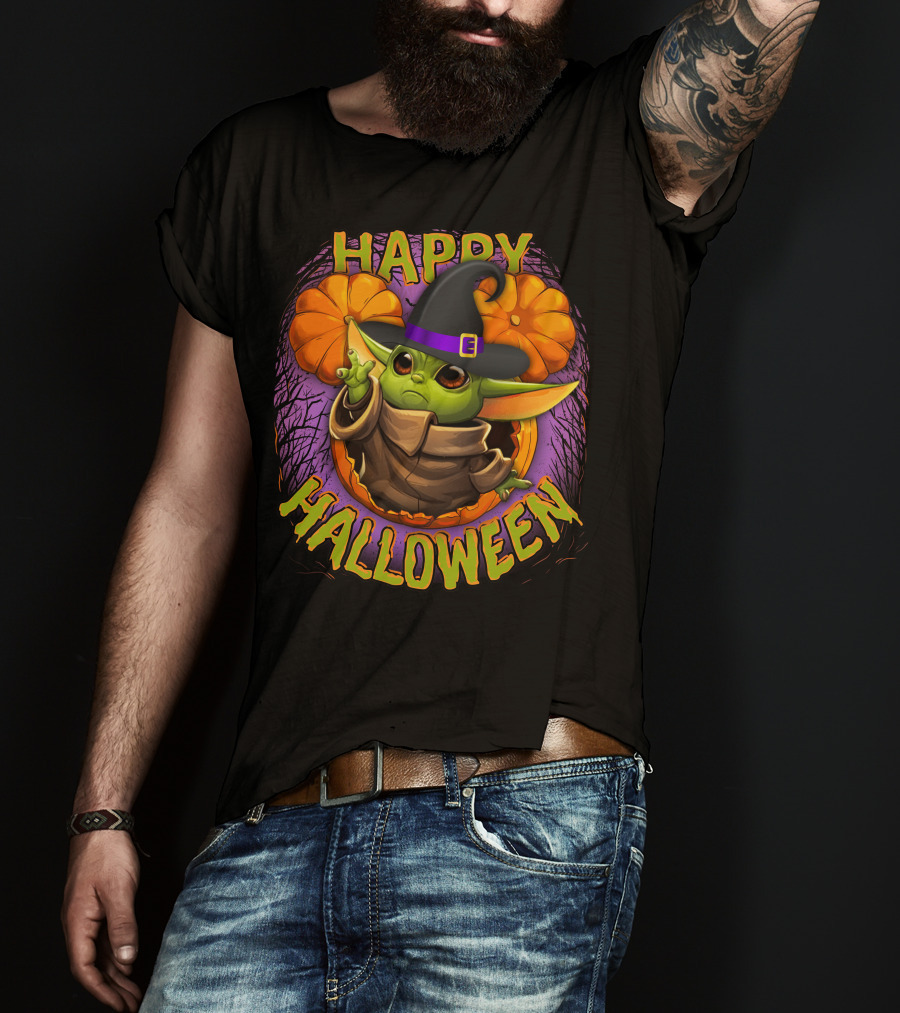 Happy Halloween Baby Yoda Magic Pumpkin Wizard Hat T-Shirt
