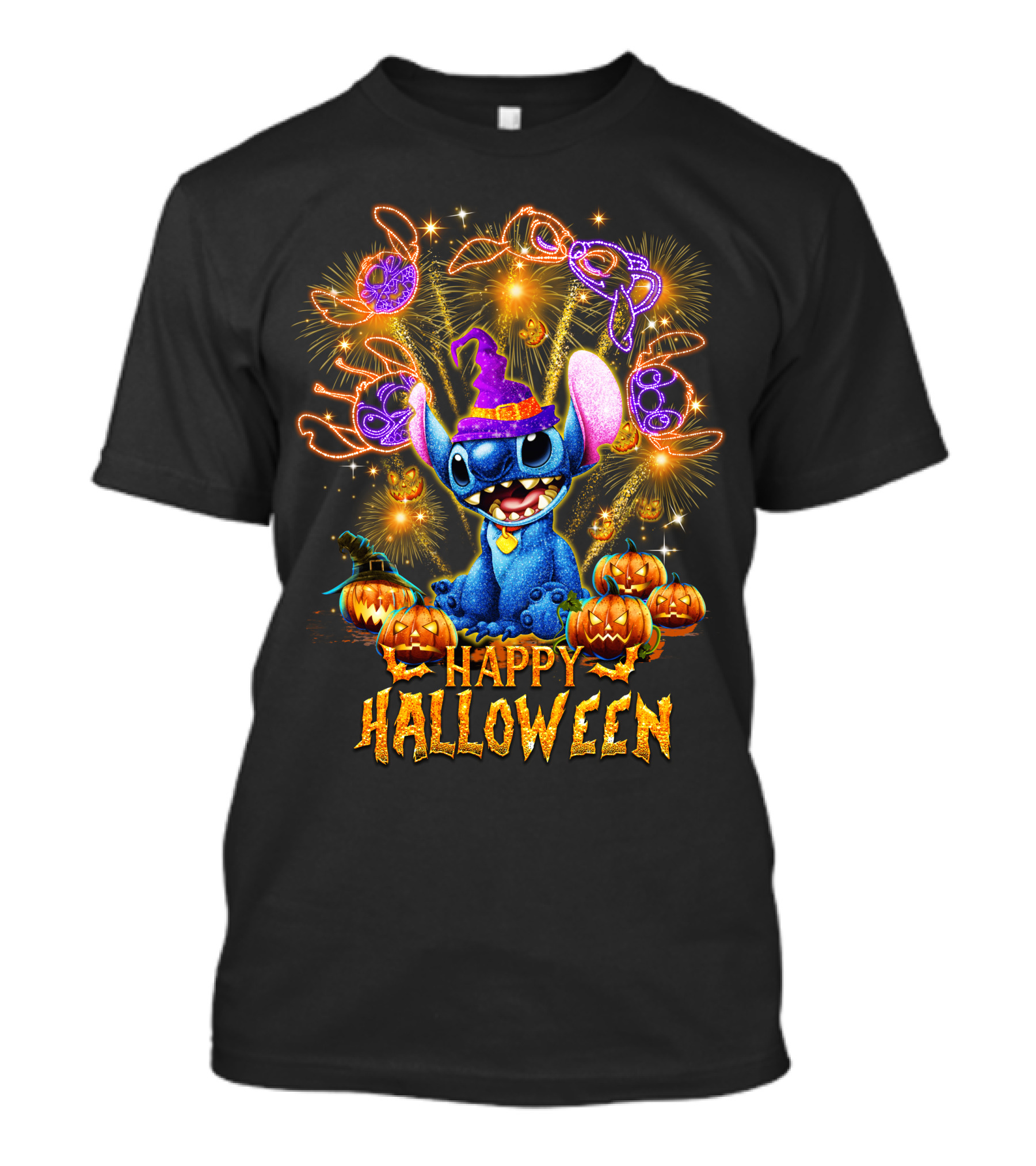 Stitch Happy Halloween Firework Display With Pumpkins And Witch Hat T-Shirt