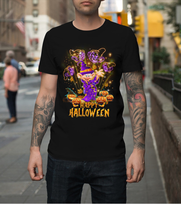 Shirt: Happy Halloween Dopey in Wizard Hat with Fireworks and Pumpkins T-Shirt Happy Halloween Dopey in Wizard Hat with Fireworks and Pumpkins T-Shirt
