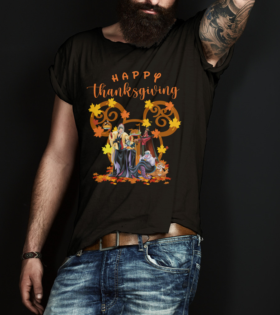 Happy Thanksgiving Disney Villains With Mickey Mouse Leaf Background T-Shirt