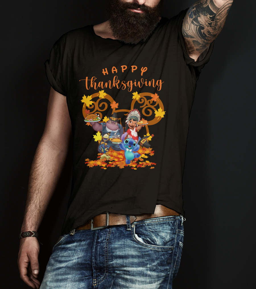 Lilo And Stitch Happy Thanksgiving With Characters And Autumn Leaves T-Shirt