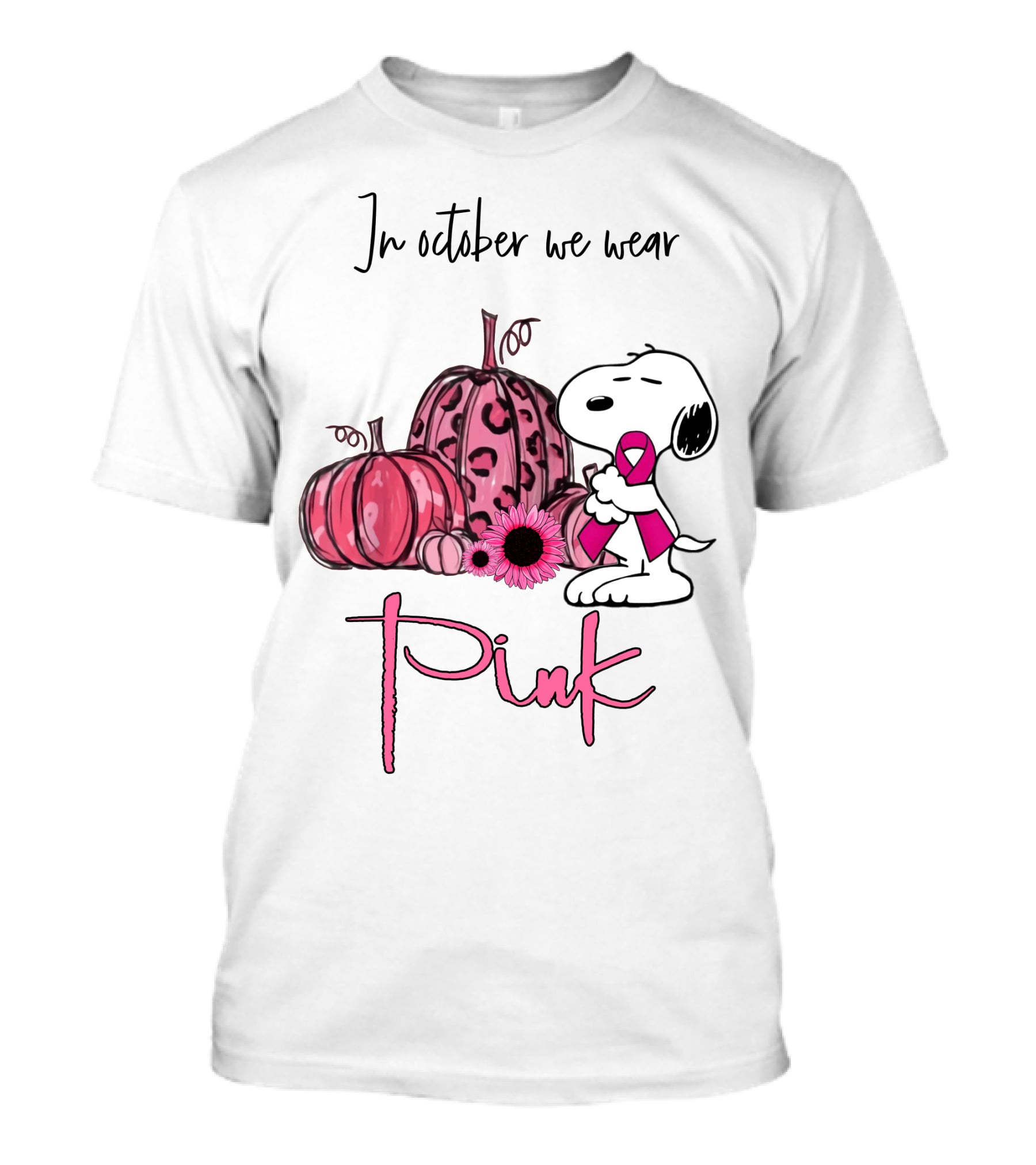 In October We Wear Pink With Peanuts Character Holding Ribbon And Pumpkins T-Shirt