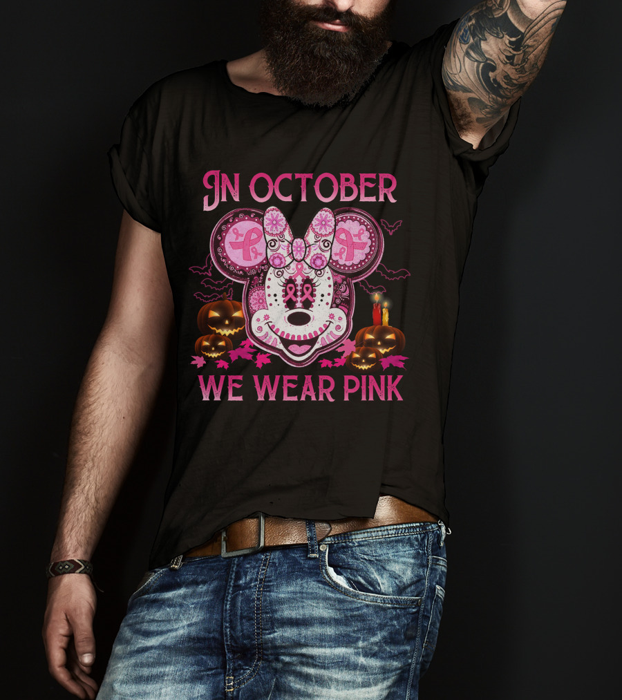 In October We Wear Pink Minnie Mouse Breast Cancer Awareness Halloween T-Shirt