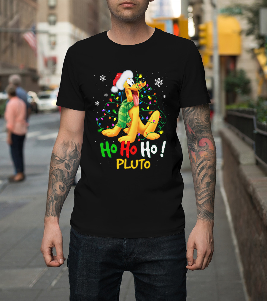 Ho Ho Ho Pluto Christmas Lights Santa Hat Snowflakes Scarf T-Shirt