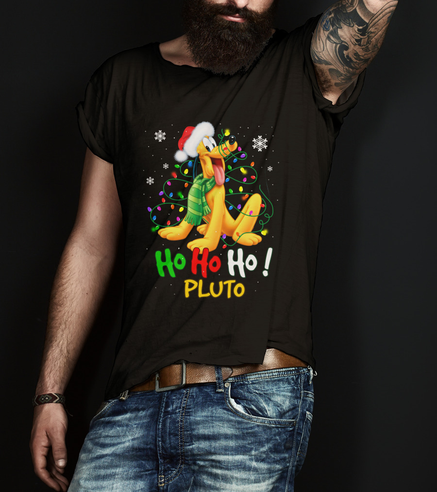 Ho Ho Ho Pluto Christmas Lights Santa Hat Snowflakes Scarf T-Shirt