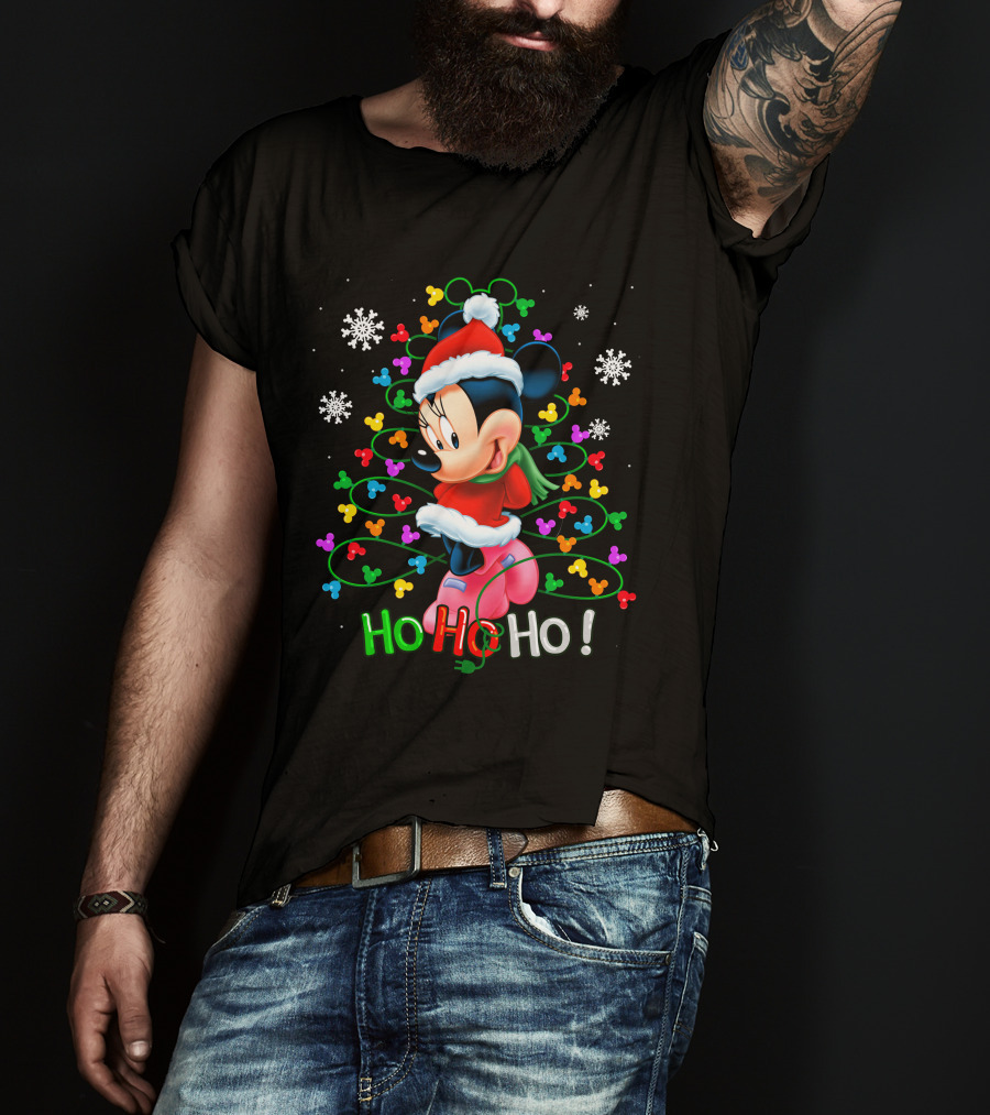 MN HHH Christmas Ho Ho Ho Santa Mickey Mouse Snowflakes Lights T-Shirt