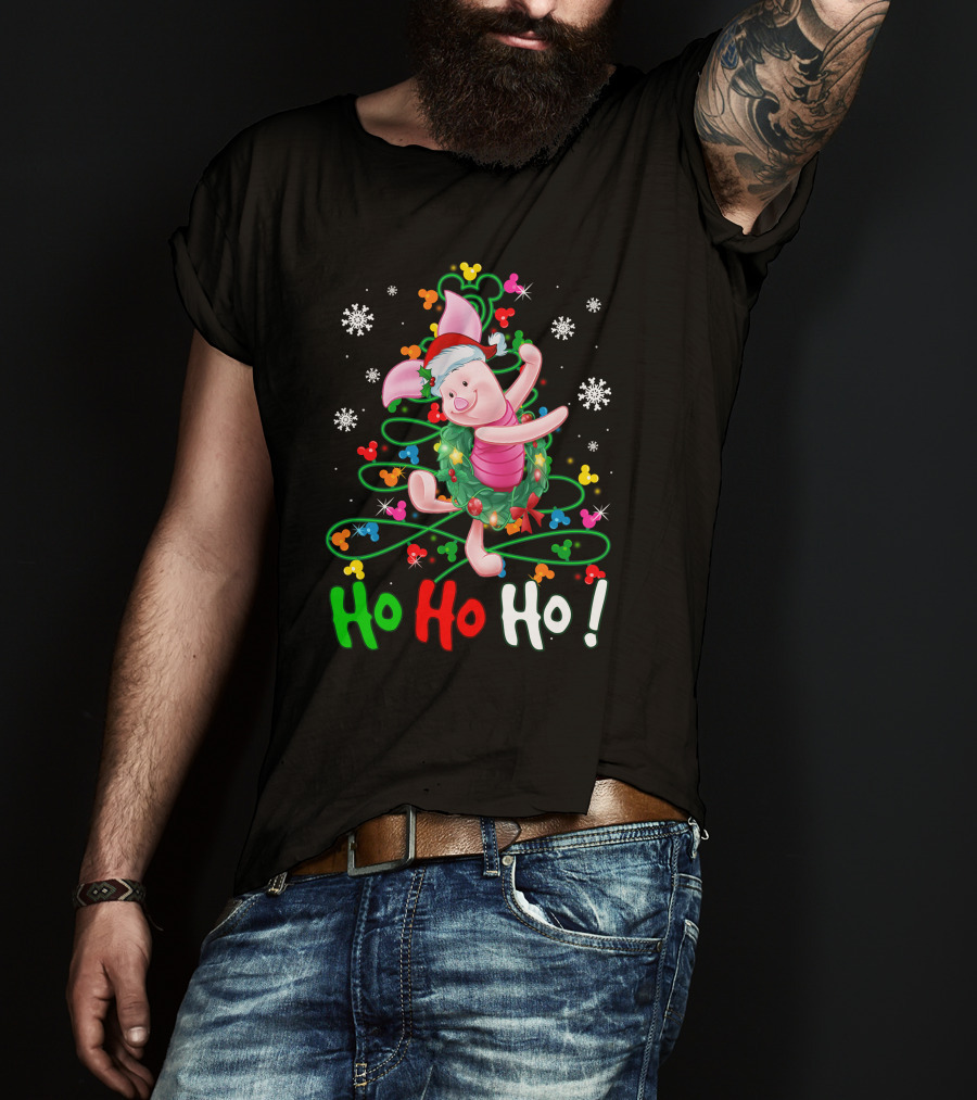 Ho Ho Ho Piglet Christmas Festive Wreath And Santa Hat T-Shirt