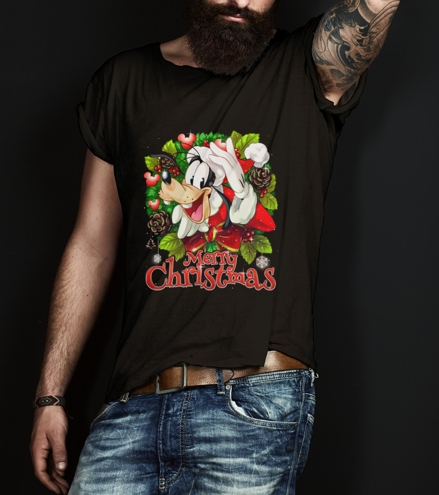 Goofy Merry Christmas Wreath Santa Hat Pinecones Snowflakes And Holly T-Shirt