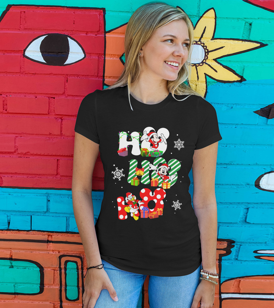 Mickey Mouse And Donald Duck Ho Ho Ho Christmas Snowflakes And Presents T-Shirt