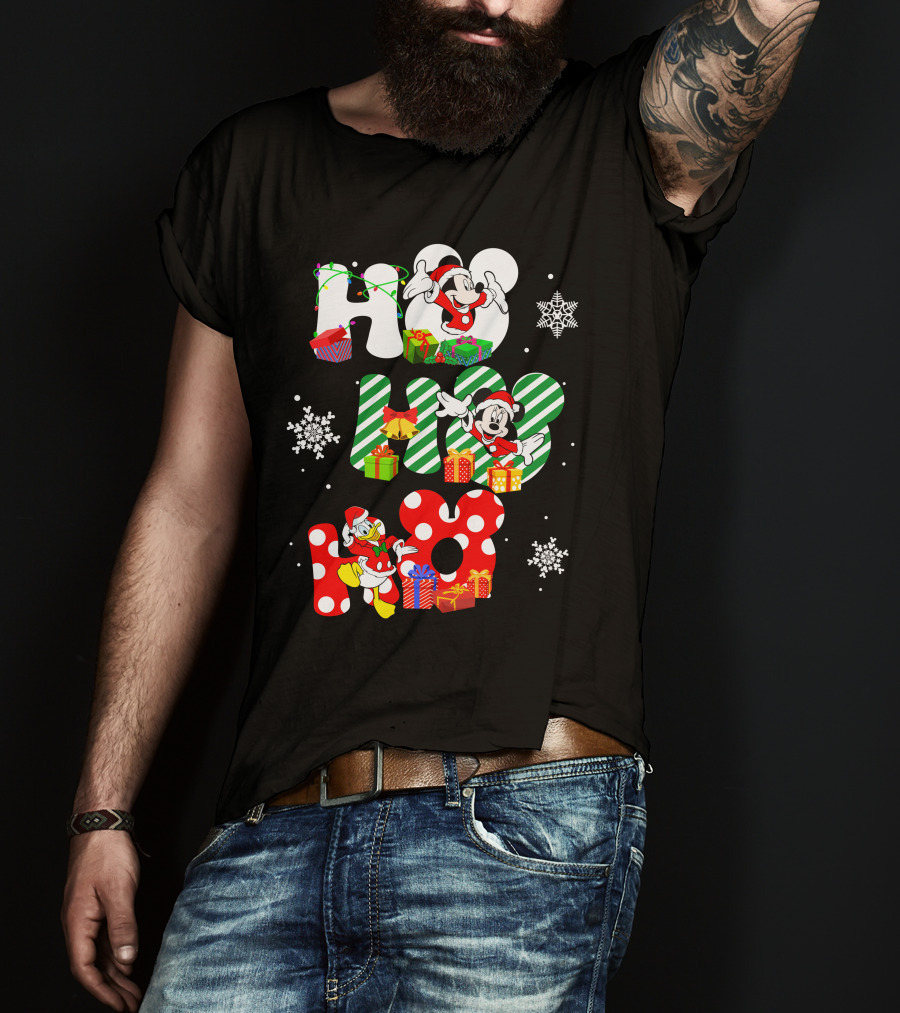 Mickey Mouse And Donald Duck Ho Ho Ho Christmas Snowflakes And Presents T-Shirt