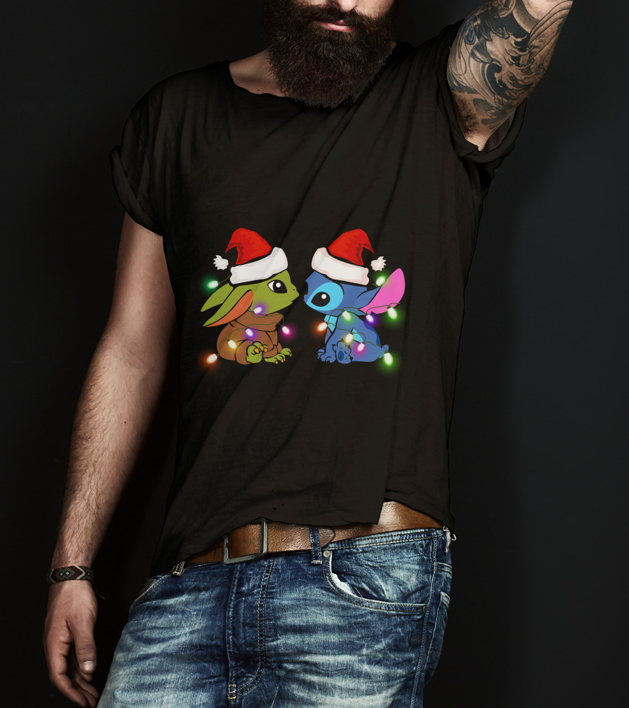 Baby Yoda And Stitch Christmas Lights Santa Hats T-Shirt