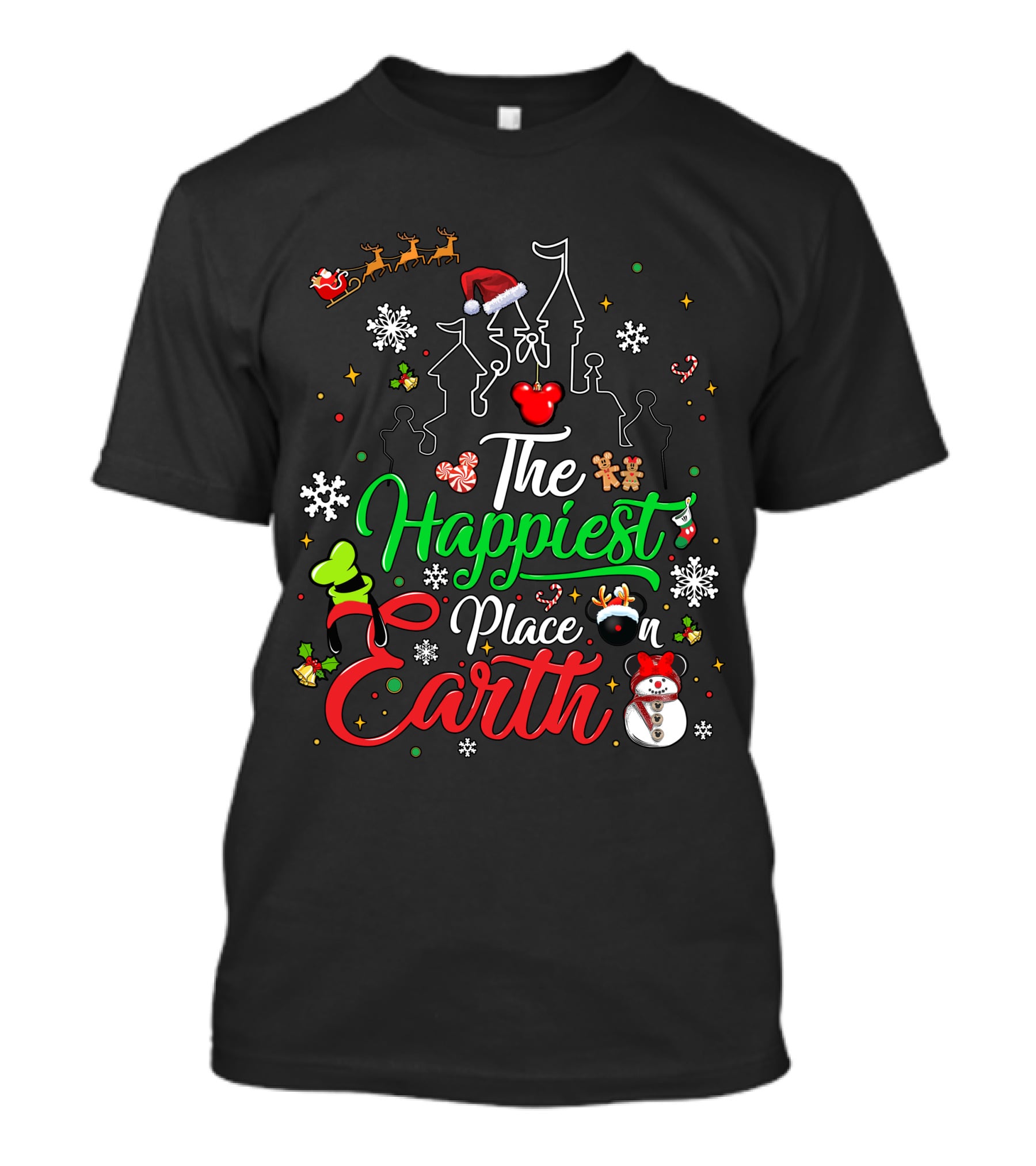 The Happiest Place On Earth Christmas Santa Snowman Gingerbread Reindeer Castle T-Shirt