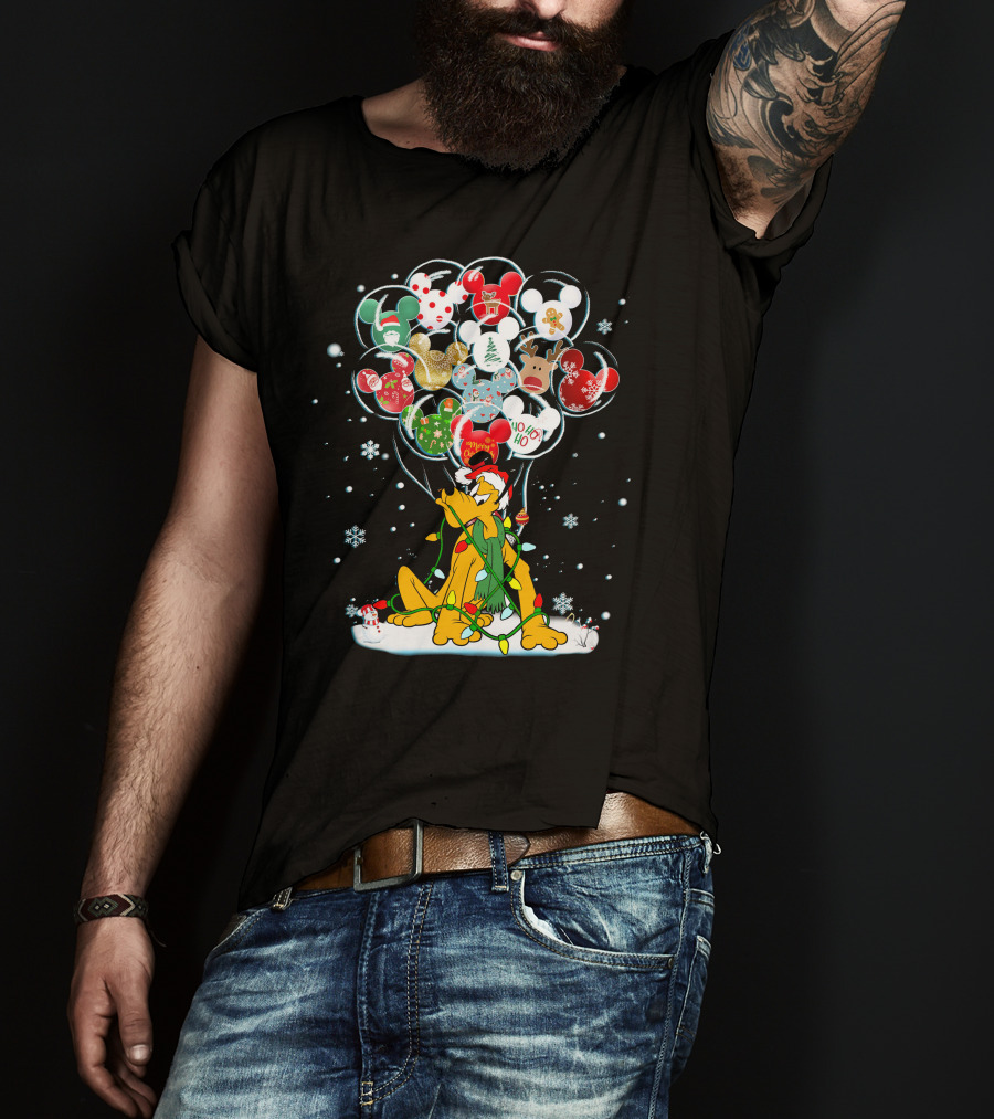 Pluto Christmas Mickey Mouse Balloon Festive Snowflakes Holiday Scene T-Shirt