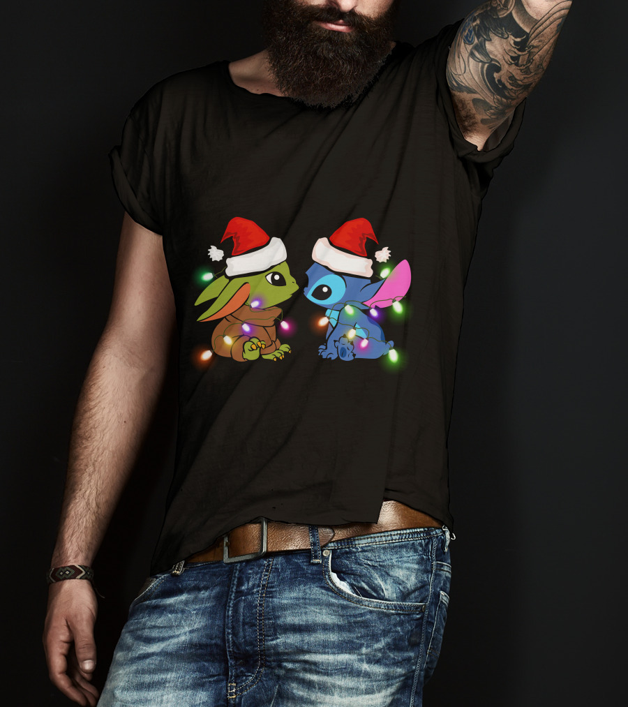 Santa Hat Baby Yoda And Stitch Christmas Lights T-Shirt