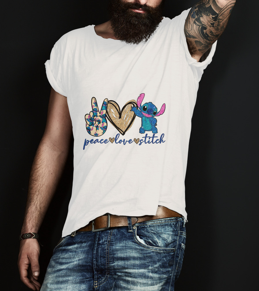 Peace Love Stitch Alien Character With Peace And Heart Symbols T-Shirt