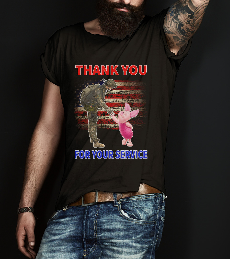 Thank You For Your Service Piglet Soldier American Flag T-Shirt