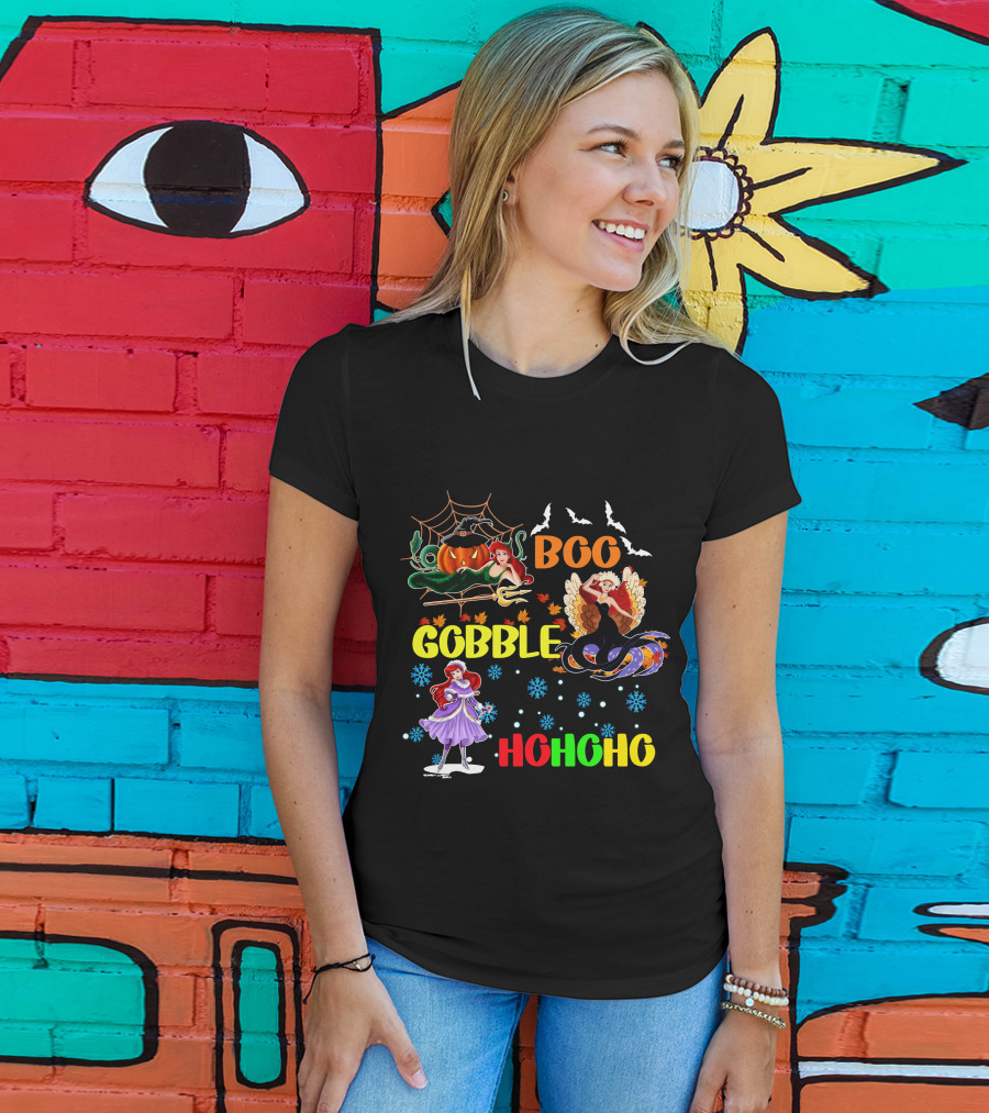Boo Gobble HoHoHo Ariel HalloThanksMas T-Shirt