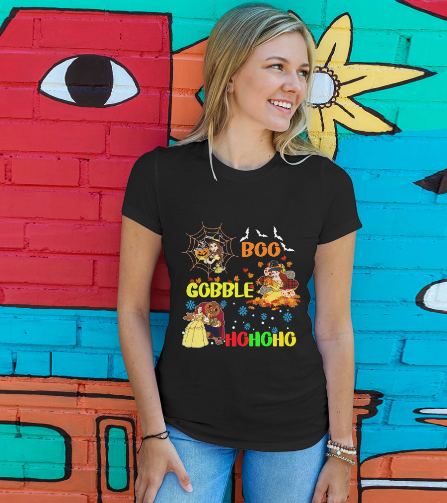 Boo Gobble Hohoho Belle HalloThanksMas T-Shirt