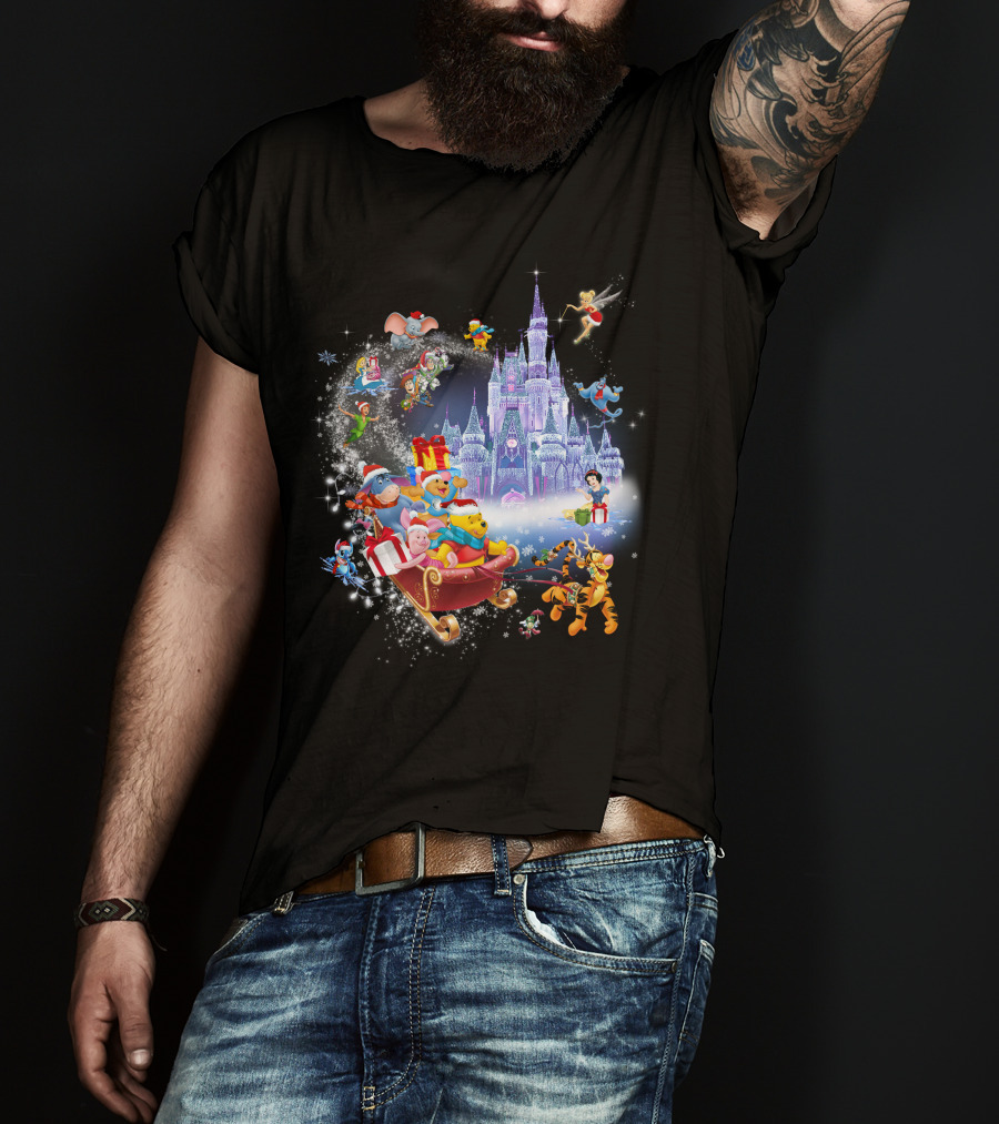 Pooh Christmas Disney Winter Wonderland With Castle And Characters T-Shirt