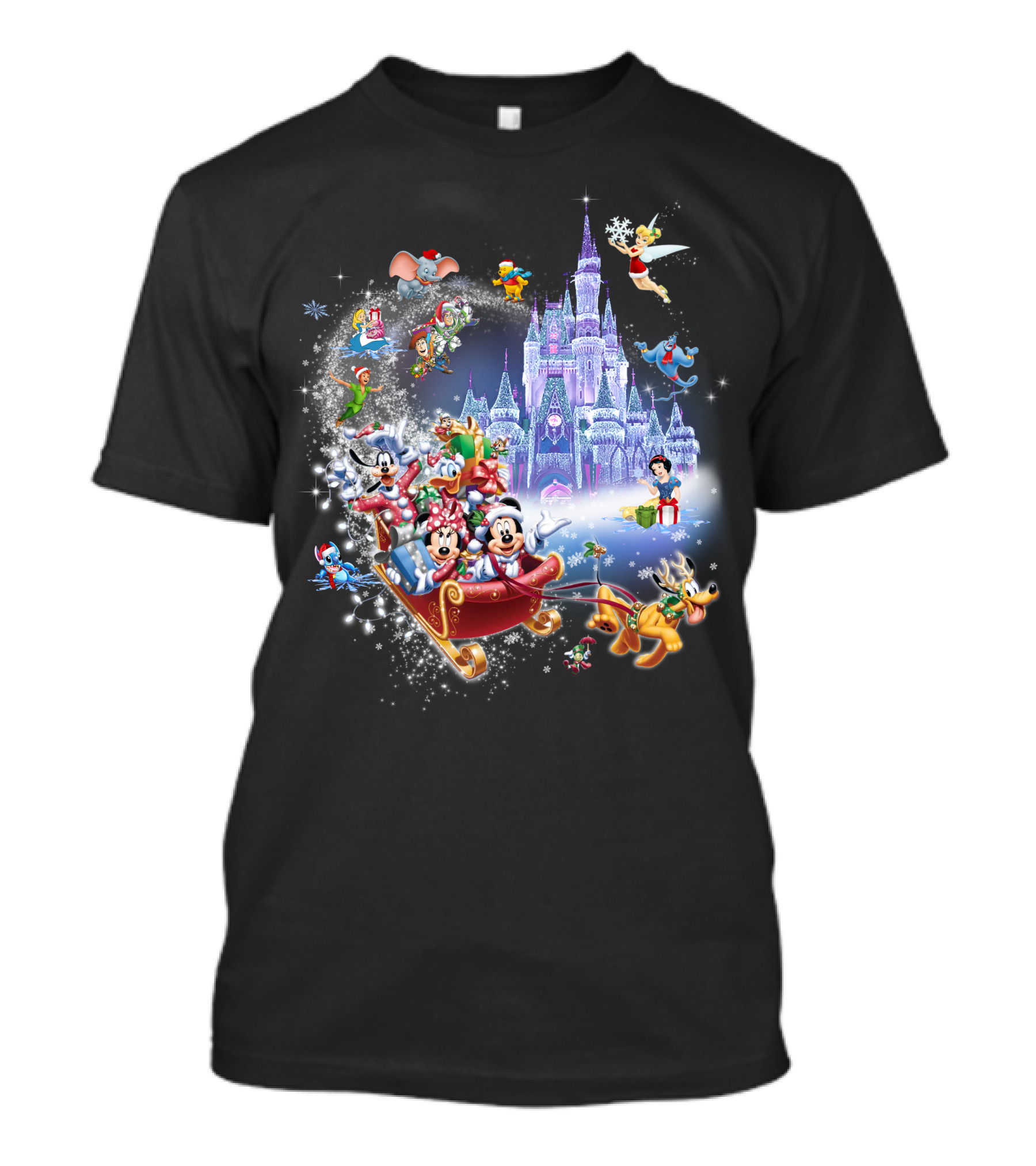 Mickey And Minnie Christmas With Castle, Disney Characters, And Winter Wonderland Holiday Scene T-Shirt