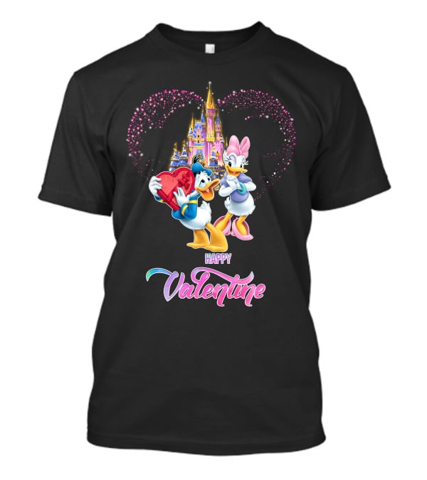 Happy Valentine Donald And Daisy With Castle Heart Background T-Shirt