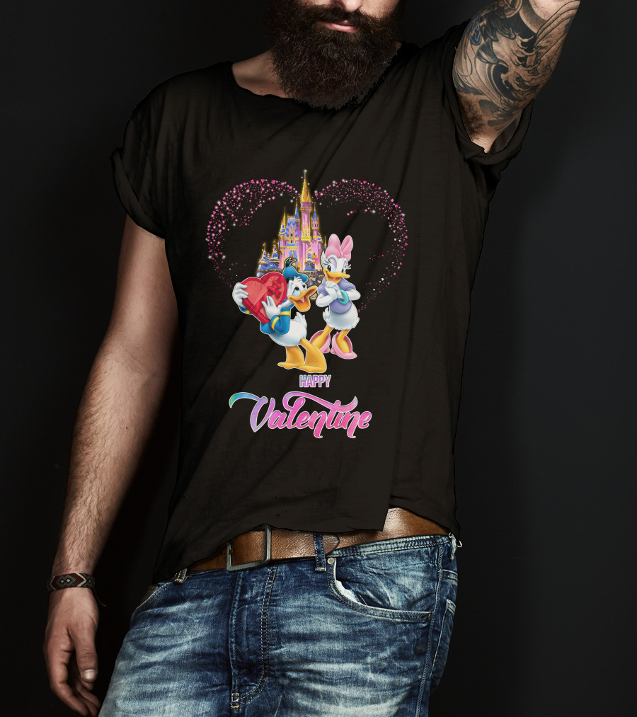 Happy Valentine Donald And Daisy With Castle Heart Background T-Shirt
