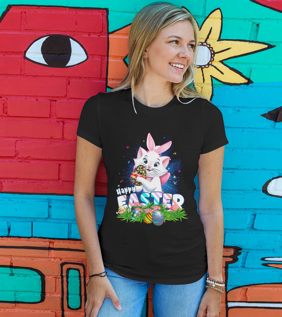 Happy Easter Marie Cat With Colorful Easter Eggs And Flowers T-Shirt