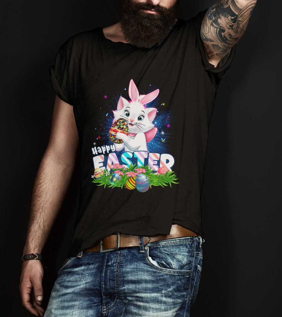 Happy Easter Marie Cat With Colorful Easter Eggs And Flowers T-Shirt