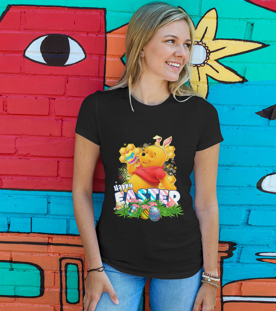 Pooh Happy Easter With Eggs And Honeycomb Background T-Shirt