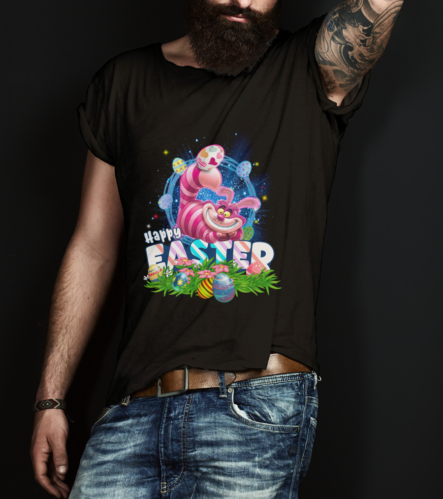 Cheshire Cat Happy Easter Eggs And Flowers T-Shirt