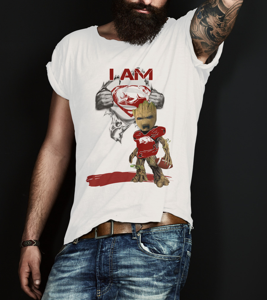 I AM Arkansas Razorbacks Baby Groot Superman T-Shirt