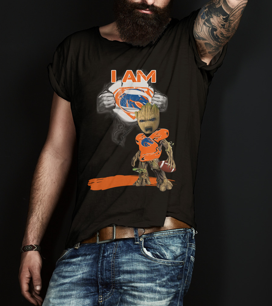 Boise State Broncos Baby Groot Superman I Am Football Fan T-Shirt
