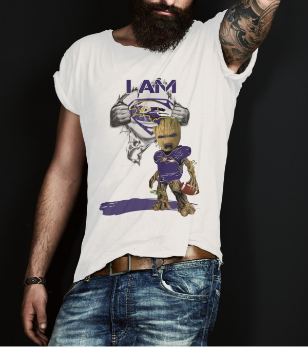 I Am Ravens Baby Groot Superman Football Ravens T-Shirt