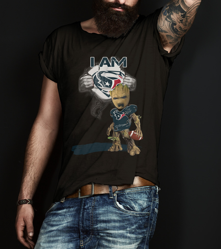 I Am Texans Baby Groot Superman Logo Football T-Shirt