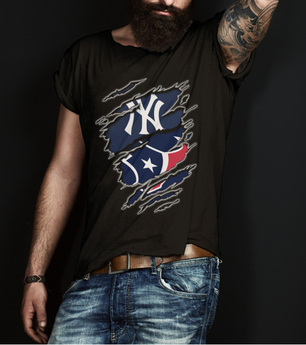 New York Yankees Houston Texans Logo Fusion T-Shirt