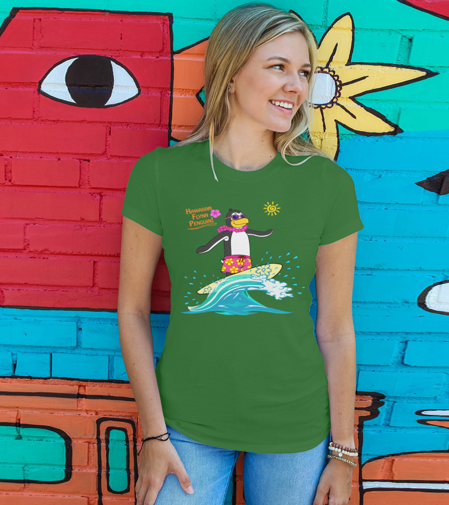 Hawaiian Flynn Penguin Surfing With Floral Lei And Sunglasses T-Shirt