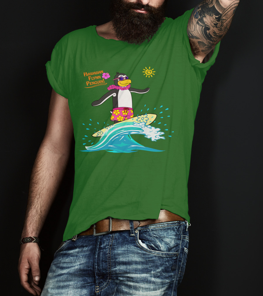 Hawaiian Flynn Penguin Surfing With Floral Lei And Sunglasses T-Shirt