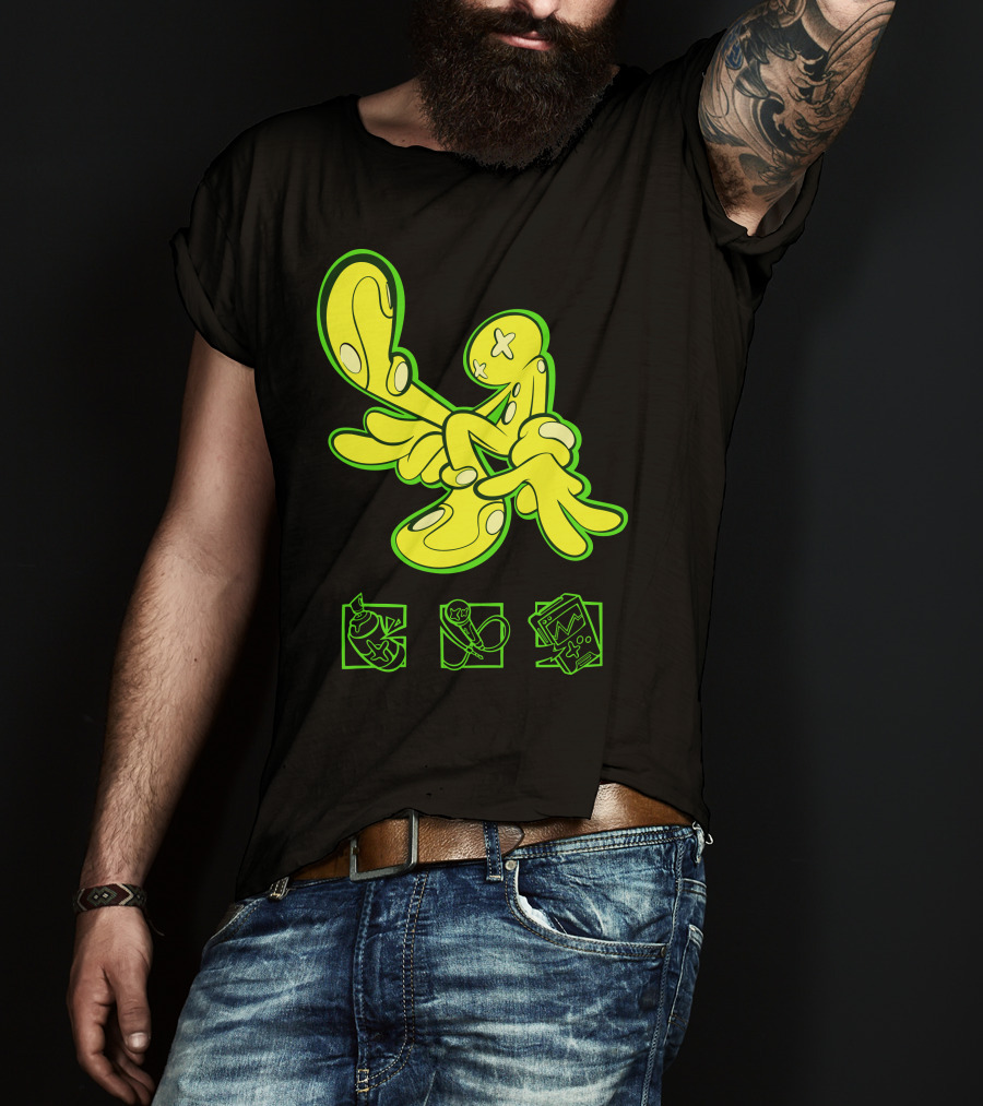 OFFCANNY Neon Cartoon Figure With Iconic Symbols T-Shirt