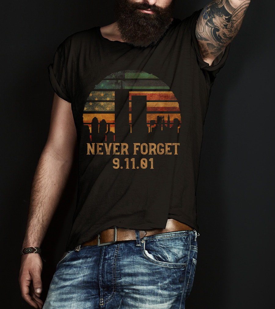 Never Forget 9.11.01 Skyline American Flag T-Shirt