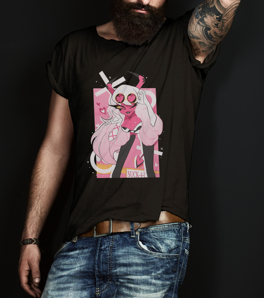 Helluva Boss Mrs Mayberry Suck-4-L<3 Hearts Pink And White Demon Character T-Shirt