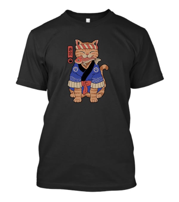 Sushi Cat In Traditional Japanese Outfit With Fish And Kanji T-Shirt